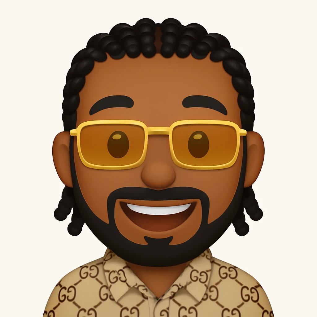 Create an emoji style smiley with a round face, dark skin, black small braided hair, beard and mustache, rectangular golden sunglasses, beige top with GG pattern, visible collar. The style should resemble emoji style. emoji