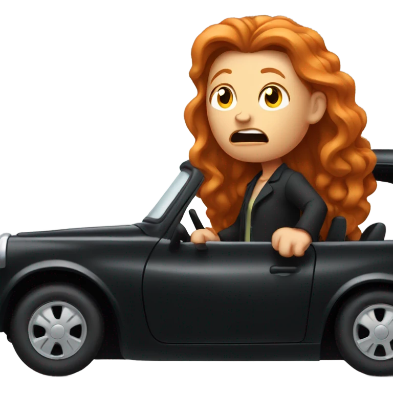 An angry ginger  woman with long ginger hair in a small old black car  emoji