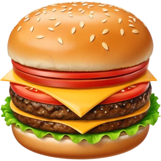 A classic single patty hamburger emoji, 3D Apple style, glossy and colorful. Soft rounded bun with sesame seeds, one beef patty, fresh lettuce, tomato slice, melted cheese, realistic but cartoonish look, clean white background emoji