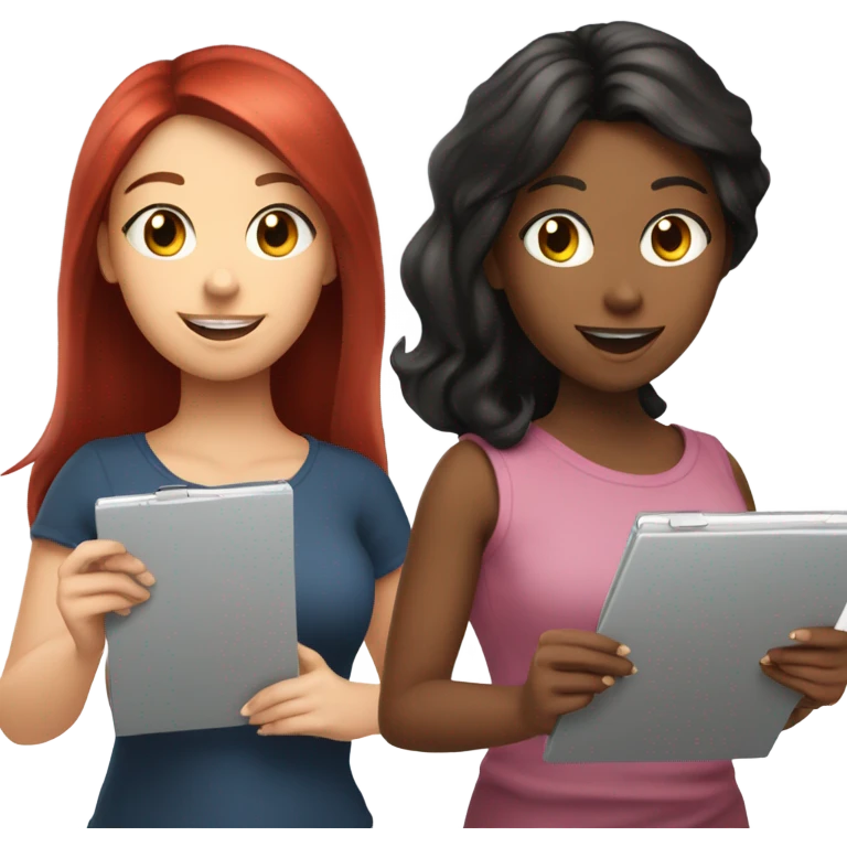 Girl with black hair, brunette girl, and bright red hair girl conducting surveys on clipboards and ipads emoji