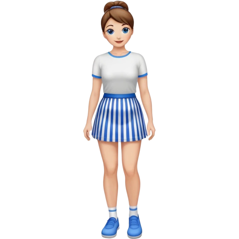 Pretty 50-year-old woman with 1 miniskirt that is blue and white striped brown hair in bun blue eyes and pretty legs emoji