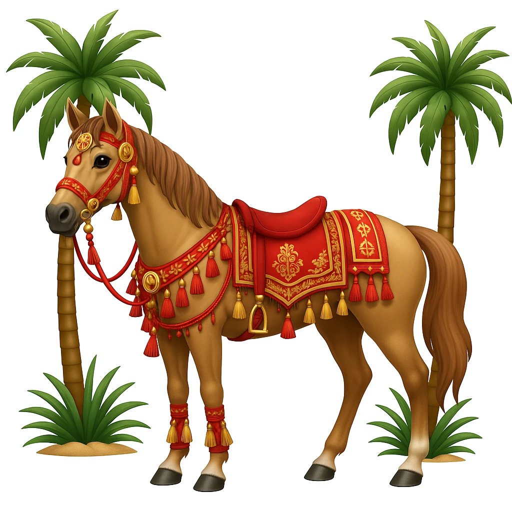 Add traditional Arabian tack and ornate decorations to the Saudi Arabian horse in emoji style, keeping the standing pose with palm trees in the background as is. emoji