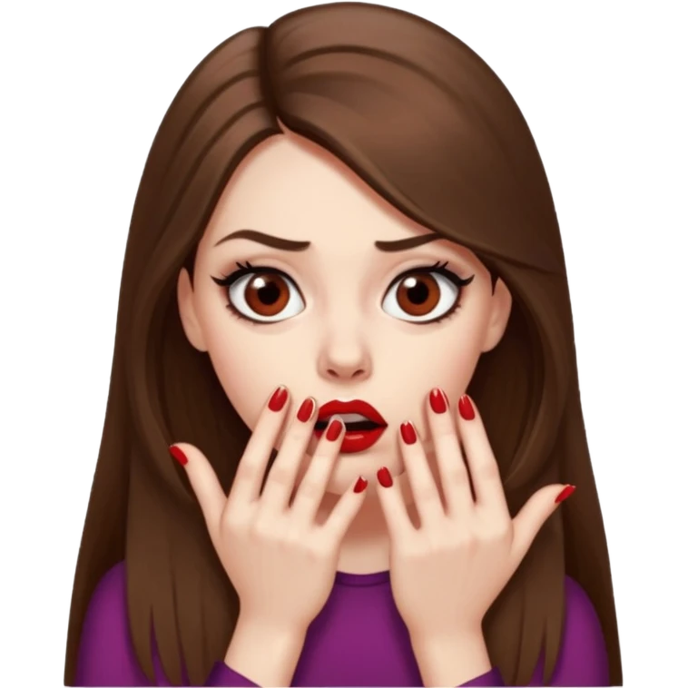 A girl with long brown hair, eyeliner, long lashes, light brown eyes, pale skin and red lipstick biting her nails looking scared and very nervous. emoji