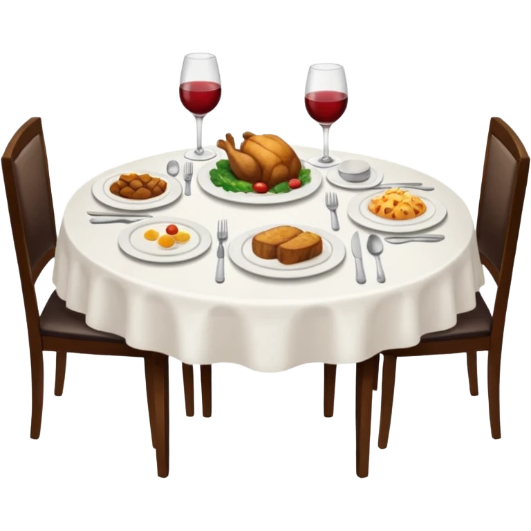 A table with white tablecloth and dinner emoji
