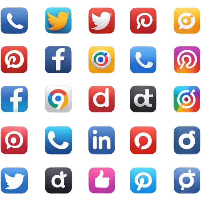 Create a set of social media logos grouped together: Slack, Reddit, Discord, Substack, LinkedIn, Google Reviews, Facebook Groups, Instagram, TikTok, Pinterest emoji