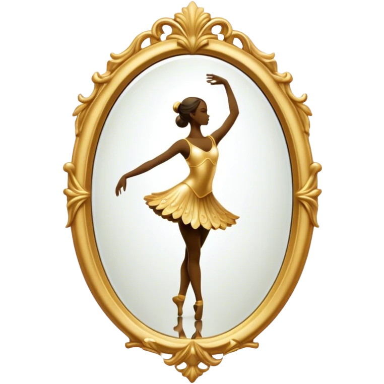Cinematic Realistic Mirror, a large, ornate mirror reflecting a dancer’s poised silhouette, soft golden light creating depth, slight smudges on the glass adding realism, glowing with a timeless and artistic presence. emoji