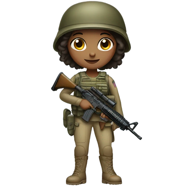 Brown eyed girl in army gear with weapon emoji