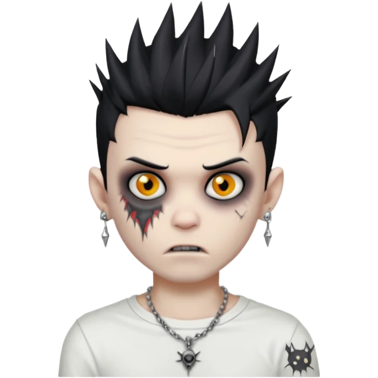 zombie boy with spiky emo black hair and white shirt , tattos, a risk on the eyebrow, earings,  a necklace emoji emoji