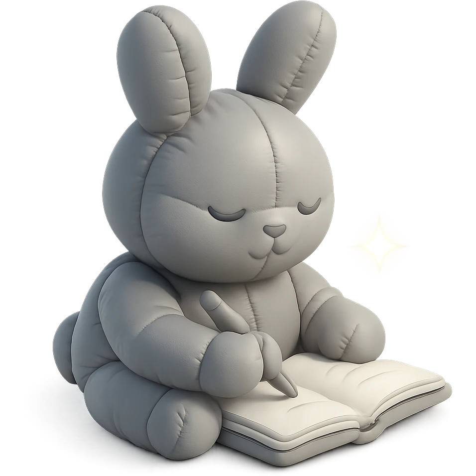 gray bunny writing in notebook with spark of light, cushion style emoji