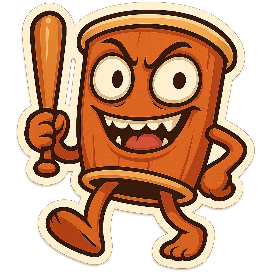 chibi emoji of Tun Tun Suhoor, wooden stick body with smooth brown texture, drum-like cylindrical body, holding baseball bat, cartoon style, bright vivid colors, expressive face, dynamic pose, a bit creepy yet funny,  emoji