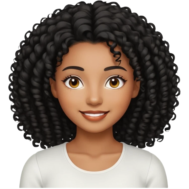a young woman.She has voluminous, curly black hair that frames her face beautifully. Her skin tone is black light and glowing, and she has a subtle, natural makeup look. She’s smiling softly at the camera. She is wearing a white top emoji