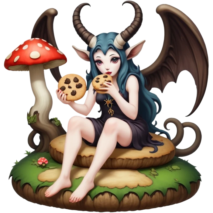 Feminine Baphomet sitting on a mushroom eating a cookie emoji