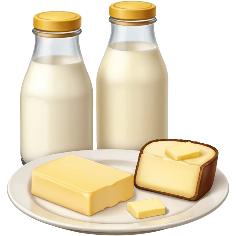 A one bottle of milk with a brown cap on the right and a piece of butter on a plate on the left emoji