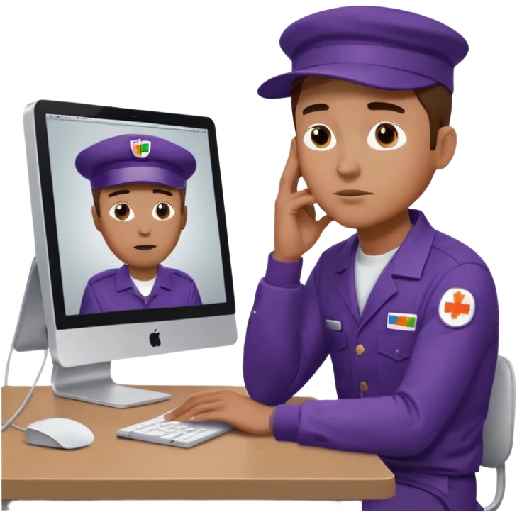 emoji of a man sitting at the table with an imac on it, a man is sitting in a very thoughtful pose, he has his hands on the table and his head resting on themб he look into the screen of imac, he is dressed in FedEx uniform with a cap emoji