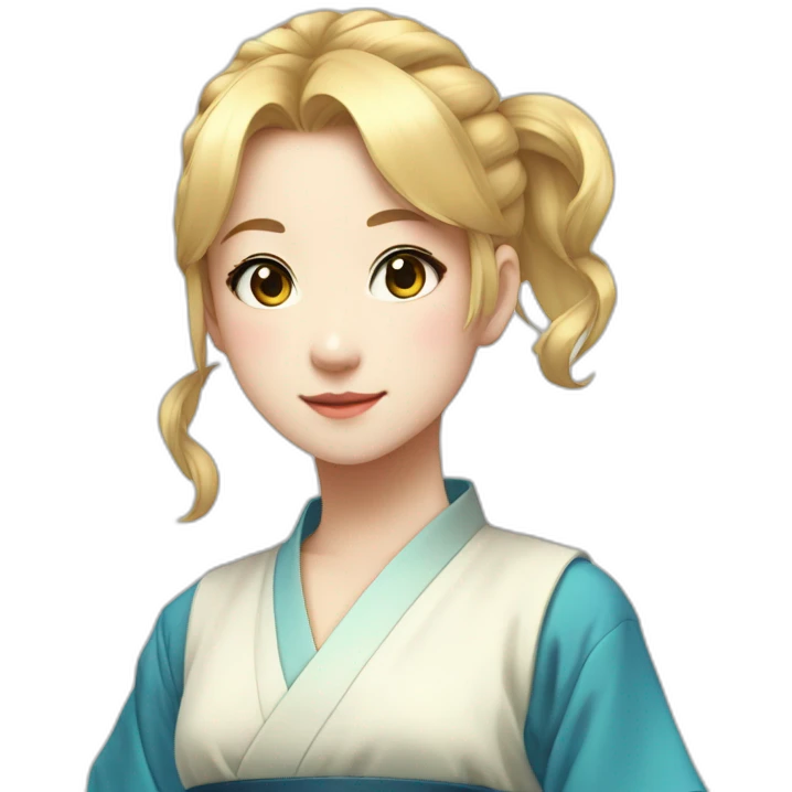 Japanese anime-inspired young girl with radiant golden blonde hair tied in a ponytail and mesmerizing azure eyes emoji