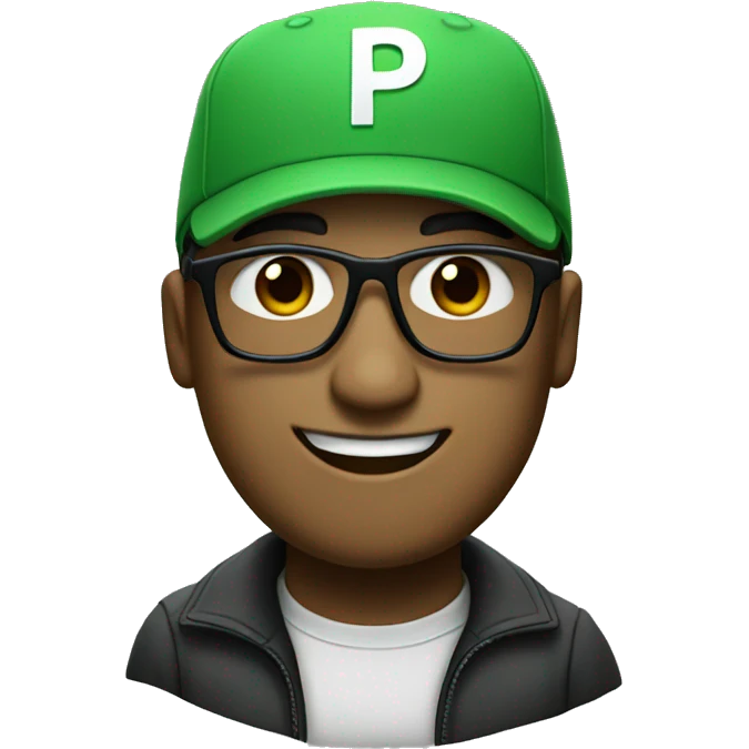 A man wearing a green cap with 'P' on it and black glasses emoji