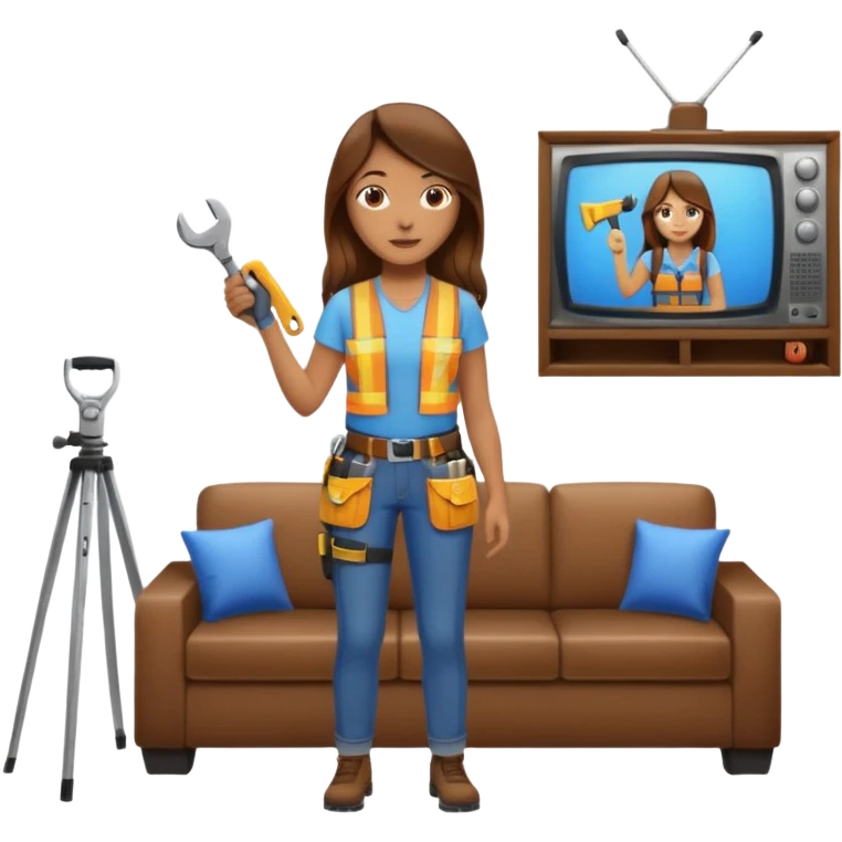 beautiful girl with long brown hair constructing new lounge room area with tv and couch emoji