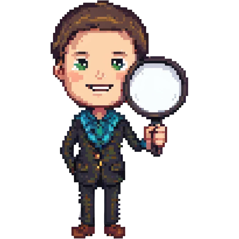 man with large magnifying glass, arched eyebrows, wide smile, pixel art style emoji