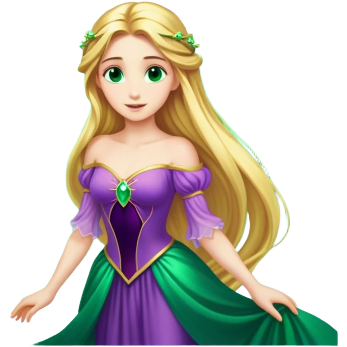 Cinematic Stunning Rapunzel Portrait Emoji, Golden hair cascading in a luminous waterfall, big emerald-green eyes full of wonder, wearing her iconic purple gown, radiating beauty and magic, glowing with fairy-tale charm! emoji