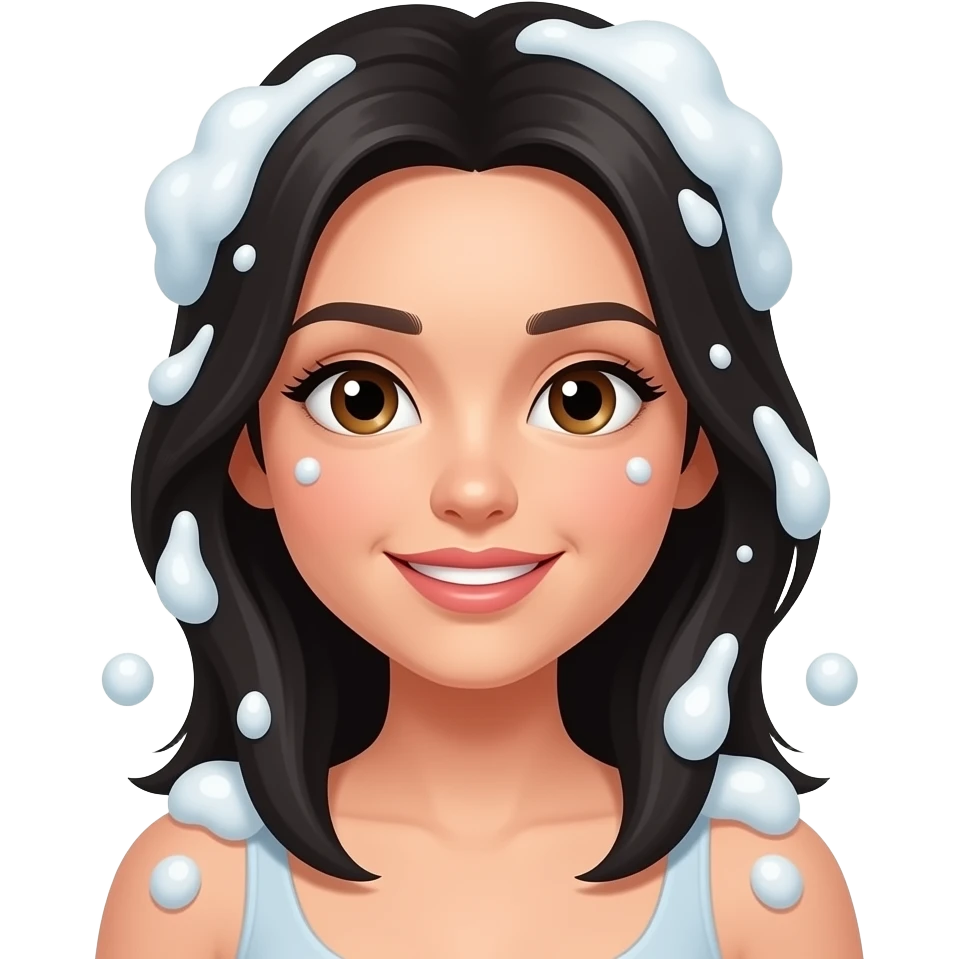 black hair girl washing hair with shampoo bubble and shampoo emoji