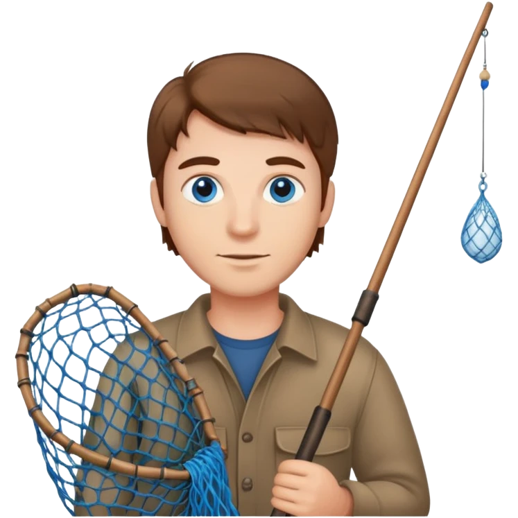 Brown haired man with blue eyes holding a fishing net emoji