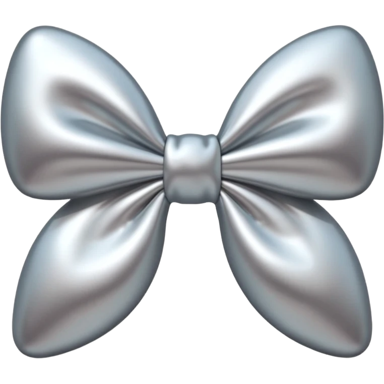A cute bow emoji made of polished silver chrome, smooth rounded loops, glossy metallic surface, soft mirror reflections, subtle highlights, minimal and adorable proportions, iOS emoji style, centered composition, clean white background, soft studio lighting, no text, no outline, ultra high quality emoji