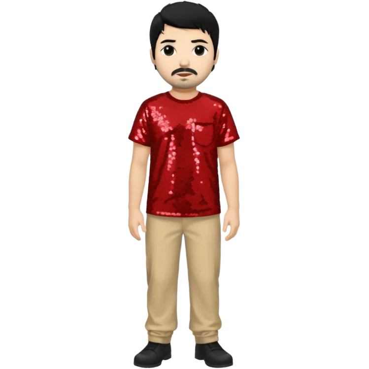 Chino Moreno with black hair, red sequin shirt, beige sequin baggy pants emoji