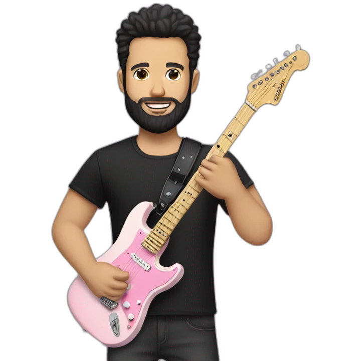 white man with dark beard and black t shirt and pastel pink stratocaster electric guitar emoji