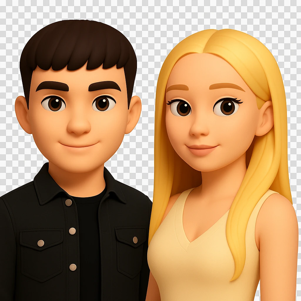 Slightly increase the volume of the upper body of the girl, separate the girl and the boy from each other, make the skin color the same for both characters. Maintain the cartoonish 3D style as in the reference image. Keep the background transparent. emoji