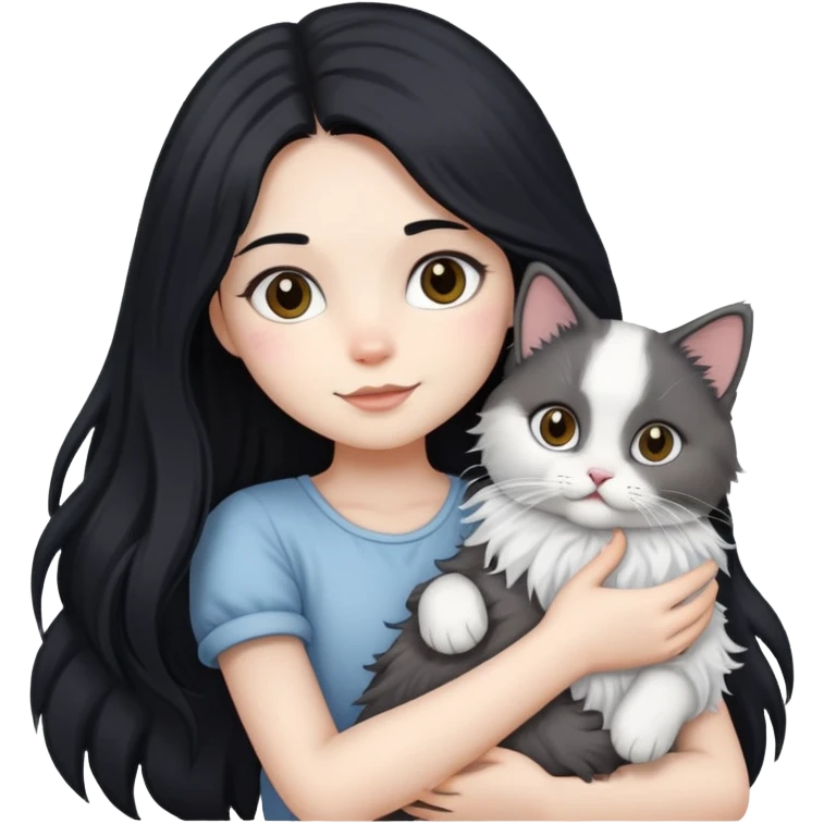 A girl with long black hair holding a ragdoll cat emoji