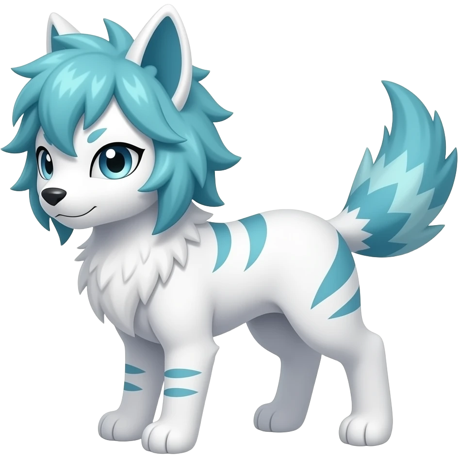 White elegant beautiful natural cute badass epic anthro modern albino sergal-vernid-Fakémon with cyan mane, with cyan edgy stripes, anthropomorphic, two-legged, digitigrade, full body emoji
