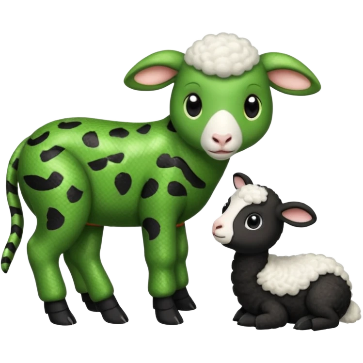 Baby snake wearing black pajamas with white piping talking to a baby sheep wearing black pajamas with white piping emoji