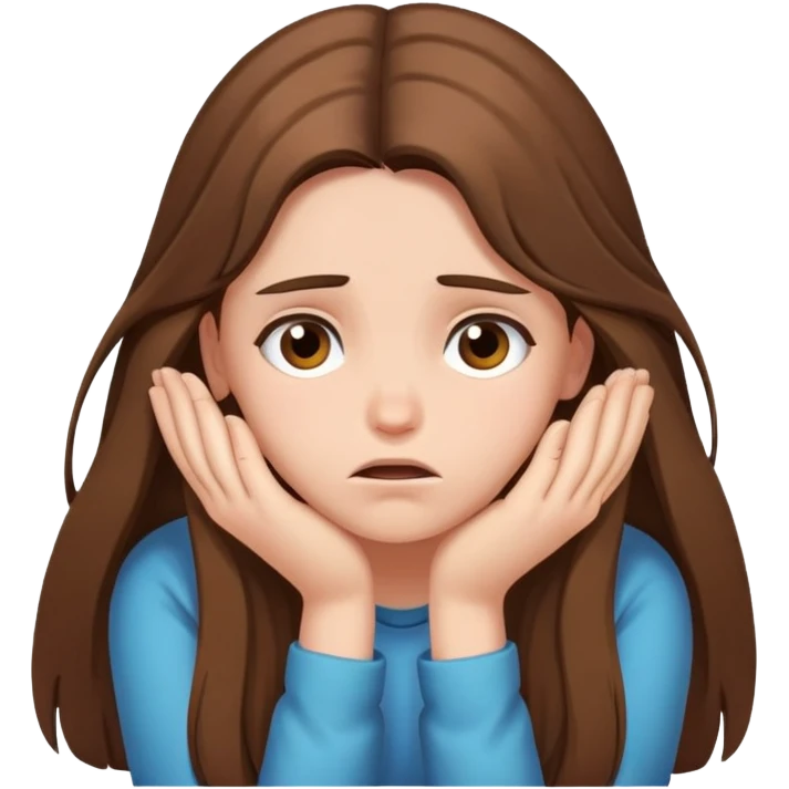 Ashamed girl with long brown hair holding head in hands emoji