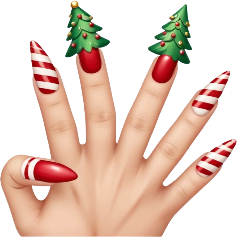 Create a nail design that is red, aesthetically pleasing, Christmas-themed, and girly. There are five fingers. emoji