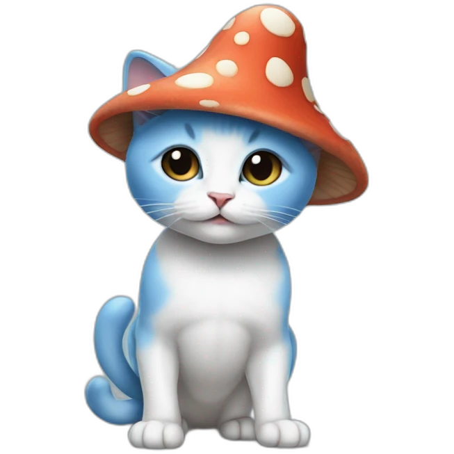 Blue skinned kitten with a mushroom hat and white pants emoji
