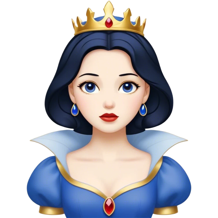 Cinematic Timeless Snow White Portrait Emoji, rendered in a clean, vector style. Depict Snow White with flawless porcelain skin, elegantly styled raven hair, and a serene, graceful expression, dressed in her classic blue and gold ensemble. The design features bold, simplified shapes, a soft, enchanting glow, and a subtle glowing outline, epitomizing pure, timeless beauty. emoji