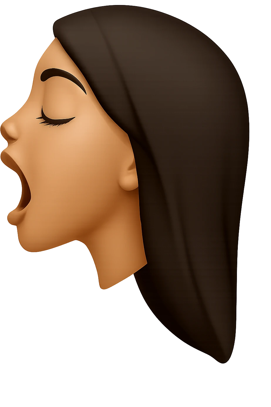 Create a side view (profile) of this woman's head in the normal iPhone emoji style, with closed eyes, long eyelashes, mouth open wide, smooth shading, no outlines, long dark hair, and lips clearly visible. Variant 4. emoji