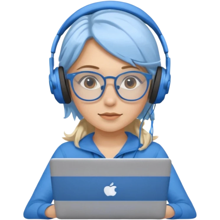 create a blonde hair women with brown eyes, blue glasses and blue headphones working on a laptop wearing a brown top. emoji