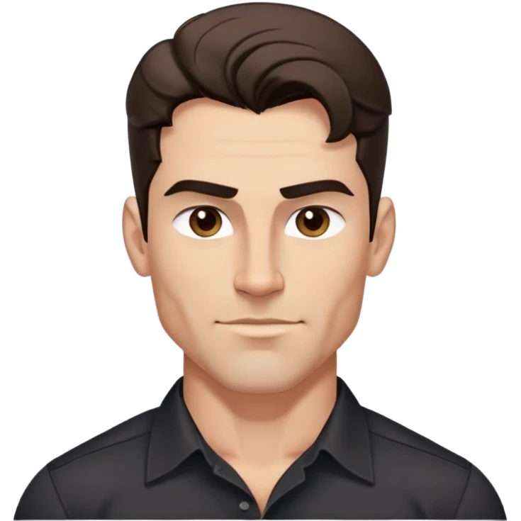 Strong athletic man with buff build, youthful 40s appearance, light brown complexion, elongated face, defined jawline, attractive confident smirk, intense dark eyes, medium eyebrows, straight nose, medium wavy dark hair, wearing a black button-down shirt that shows his muscular build emoji