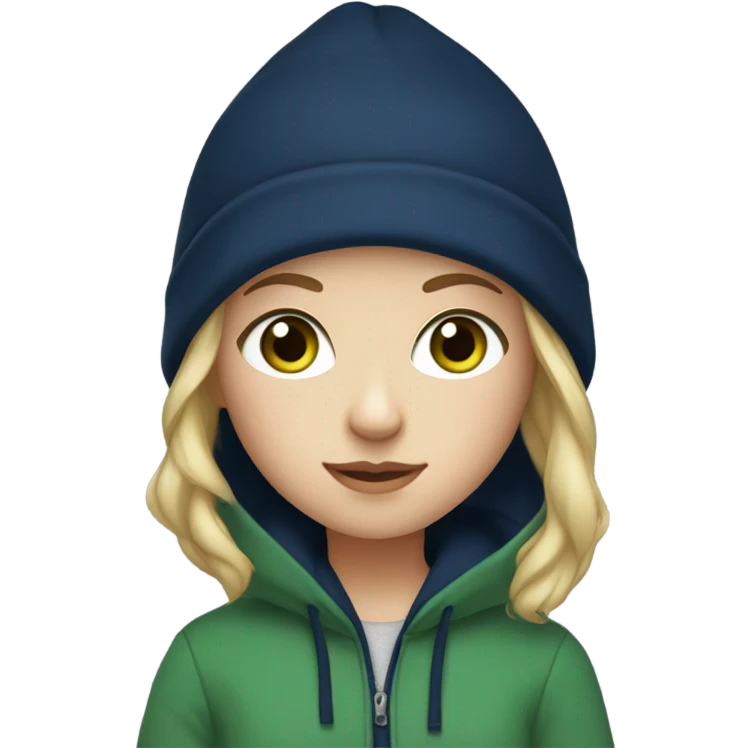 A white girl with blonde short hair and green eyes wearing a navy blue hoodie  emoji