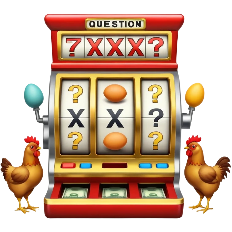 Slot machine with eggs instead of reels
— Cool visual metaphor: three eggs in a slot machine, with x's, question marks, money icons, chickens, etc. appearing on them. This immediately screams: “GAMBLING, TRY YOUR LUCK!” emoji