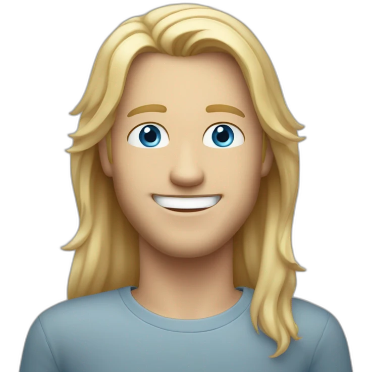 White guy with blue eyes and medium-long blond hair smiling with one silver teeth emoji