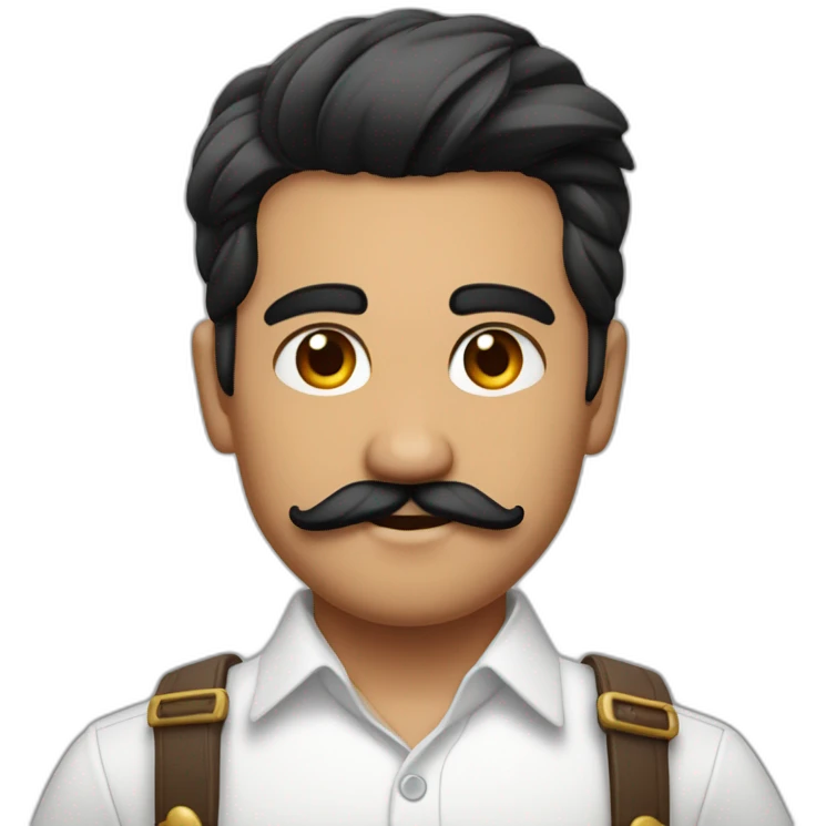 close up of white skin indian in plain white shirt with sleeve up and quiff black hair style and mustach emoji