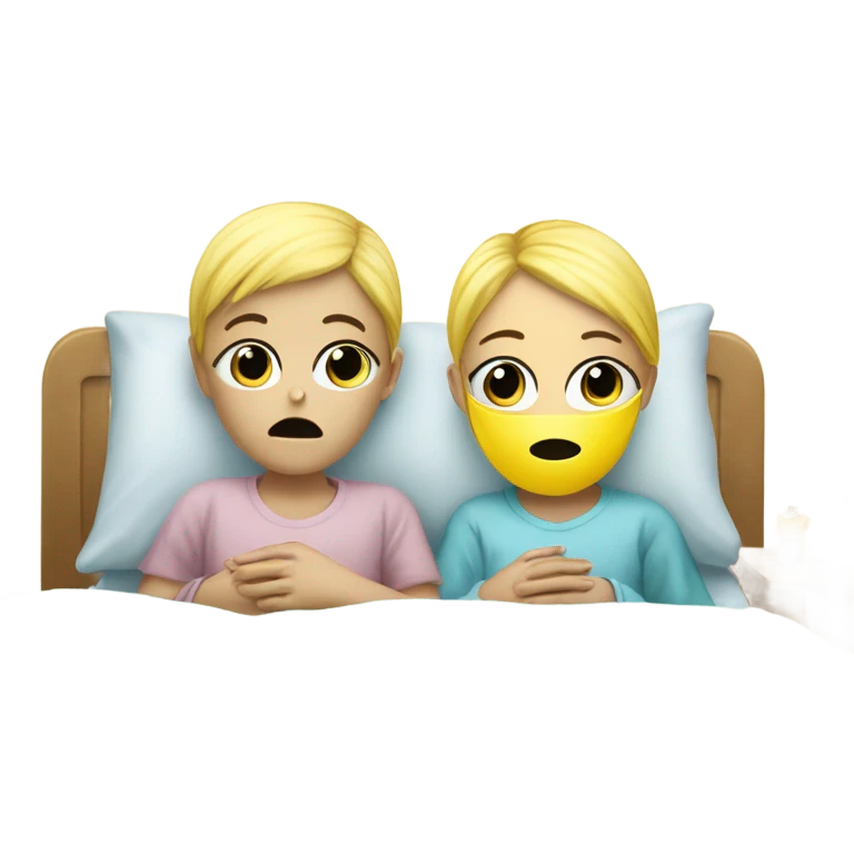 Two blonde children, each in their own bed at home, sick, sad, each wearing a surgical mask, one is a Boy, one is a girl, get well soon sign with yellow heart emoji