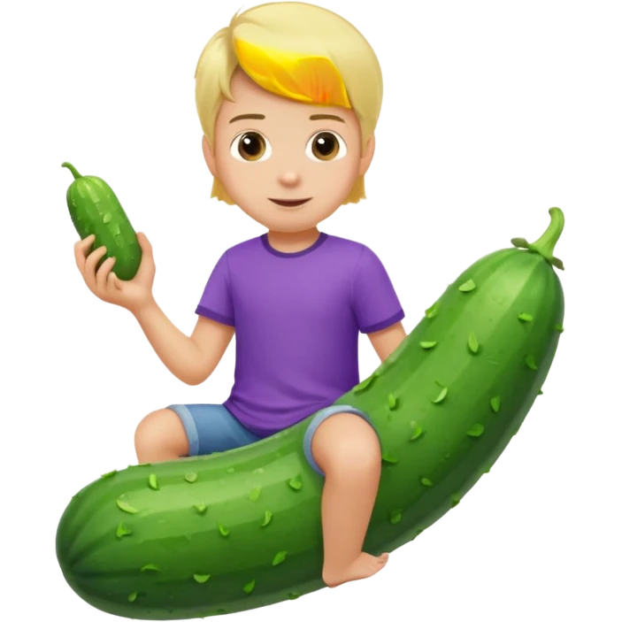 Blonde kid with purple shirt riding a cucumber emoji