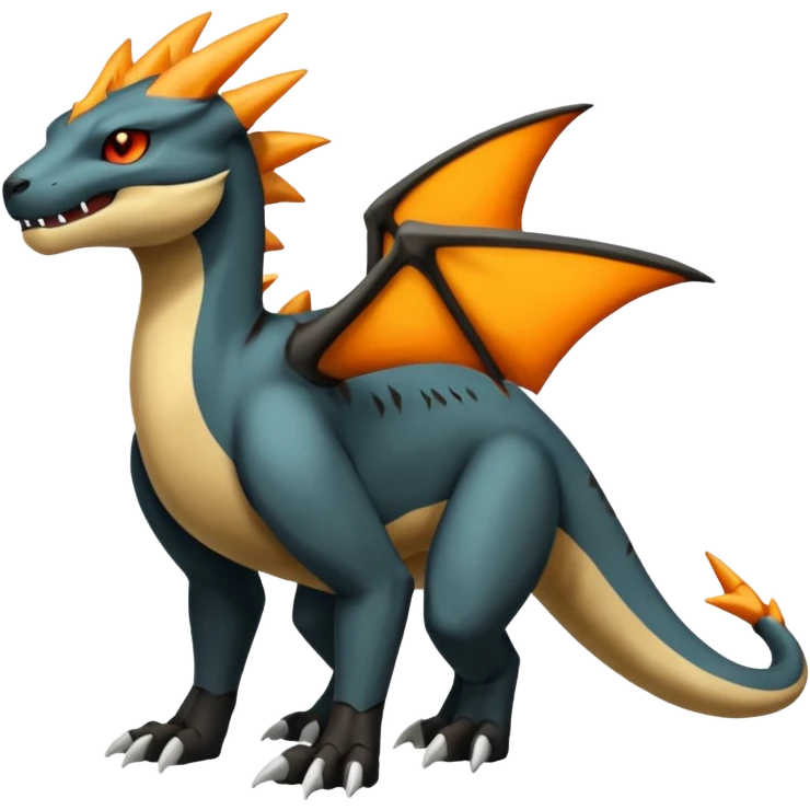 Magmatic fiery badass cool obsidian-Black and golden-orange Helioptile-Marowak-Salamence-Fakémon-hybrid-creature (full body)  emoji