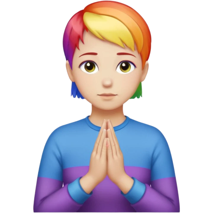 White lesbian with short hair rainbow coloured skin with praying hands emoji