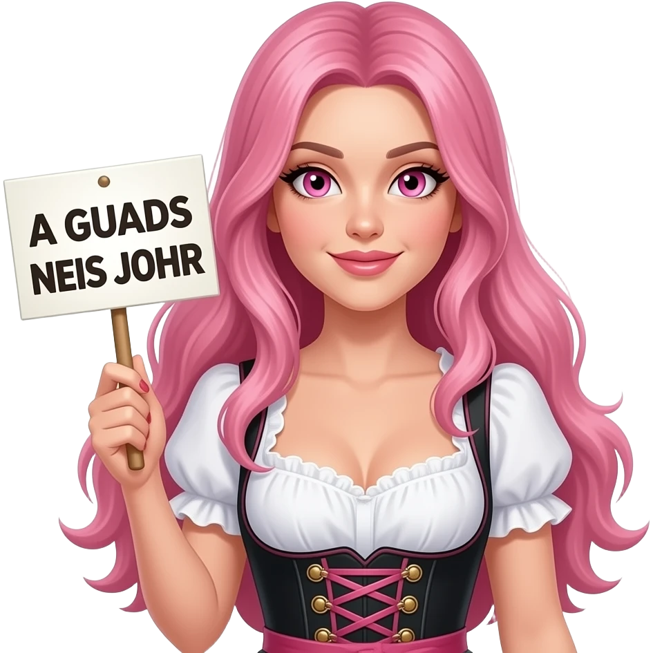 sexy girl with long pink hair and pink eyes wearing a dirndl holding a A GUADS NEIS JOHR sign emoji