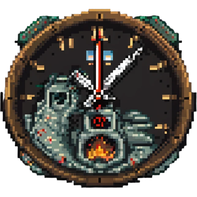 A clock showing 38 minutes, with a smoking gun and a destroyed palace in the background emoji
