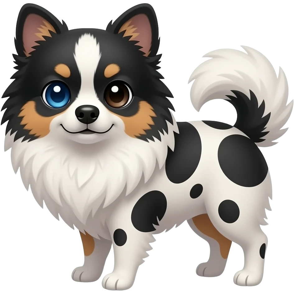 merle pomeranian with black, gray, and white spots. make sure his dominant color is black, his left eye is color blue, his right eye is color black emoji
